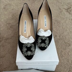 Manolo Blahnik Black Hangisi 70 satin pumps.  Worn once.  Excellent condition.